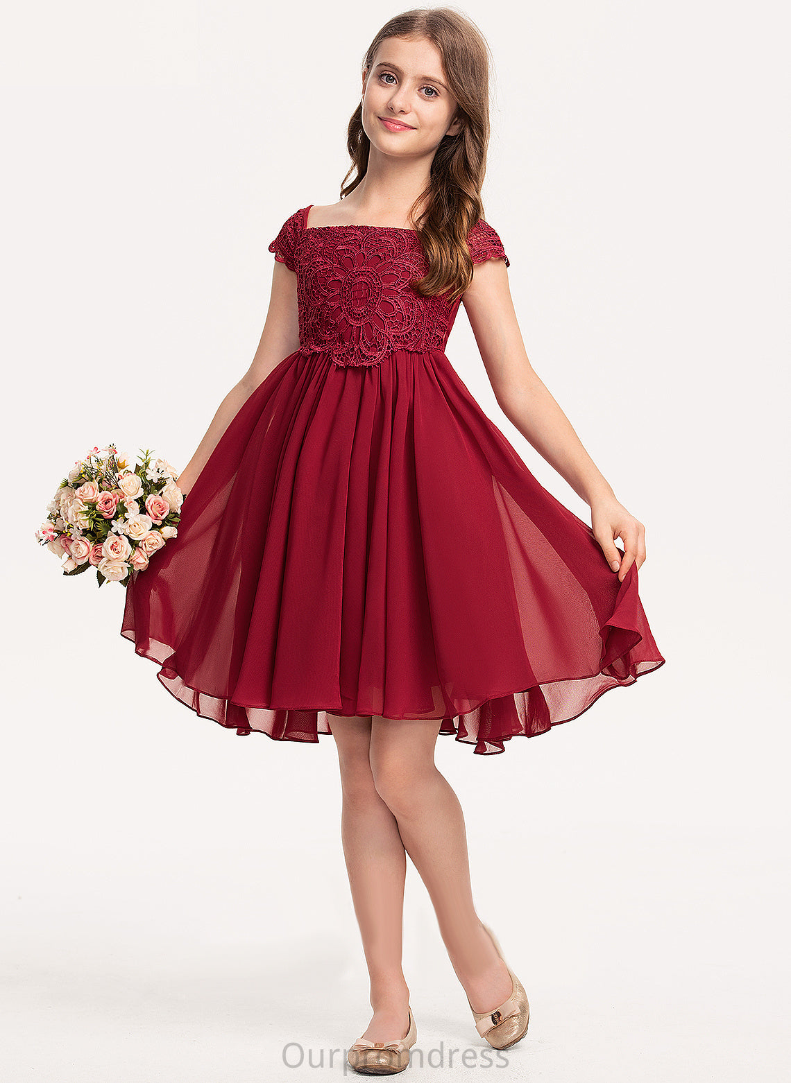 Chiffon Flower Dress Square Sleeves Elaina Girl - Knee-length Neckline Short Flower Girl Dresses A-Line