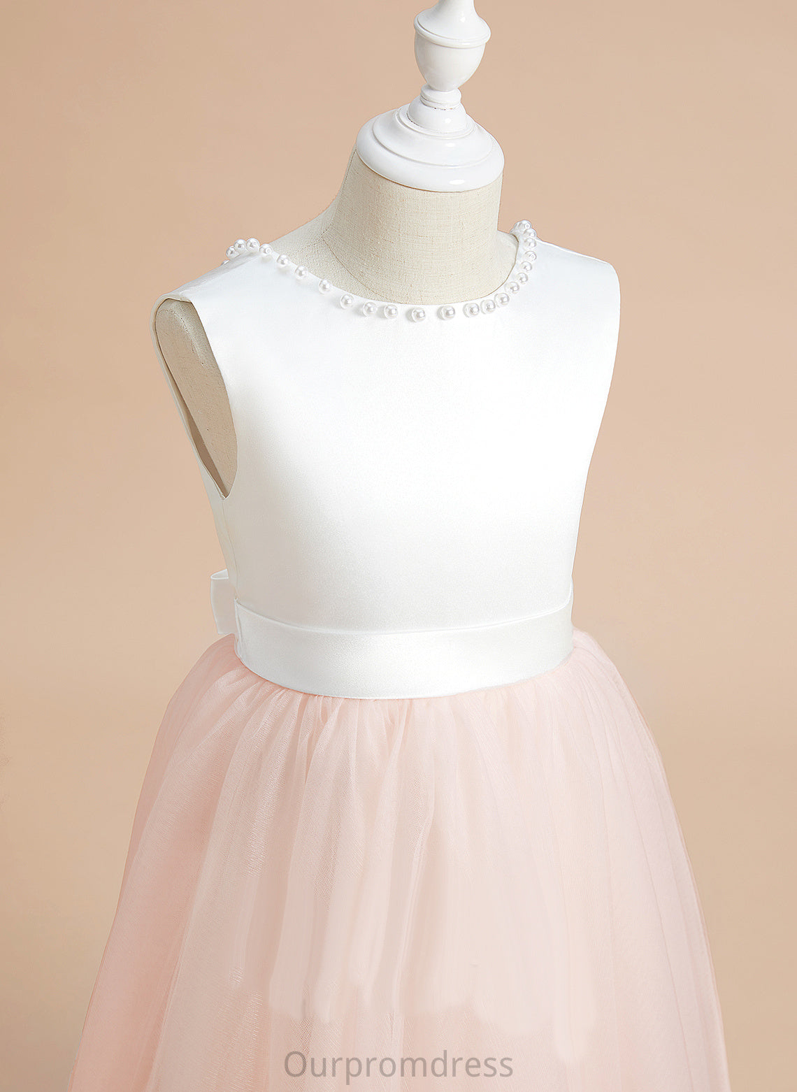 Beading/Bow(s) Neck Scoop Dress Satin/Tulle Abby Girl Flower Girl Dresses Sleeveless Tea-length A-Line - With Flower