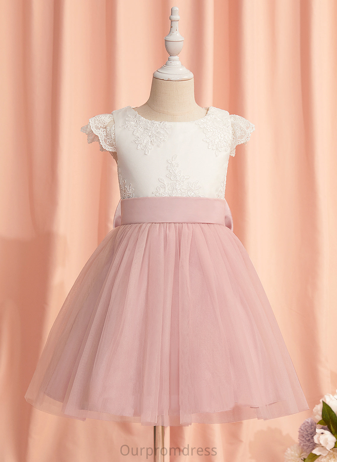 Knee-length Tulle Lace/Bow(s) Dress - Adelaide Flower Short Flower Girl Dresses Neck Sleeves A-Line Girl Scoop With