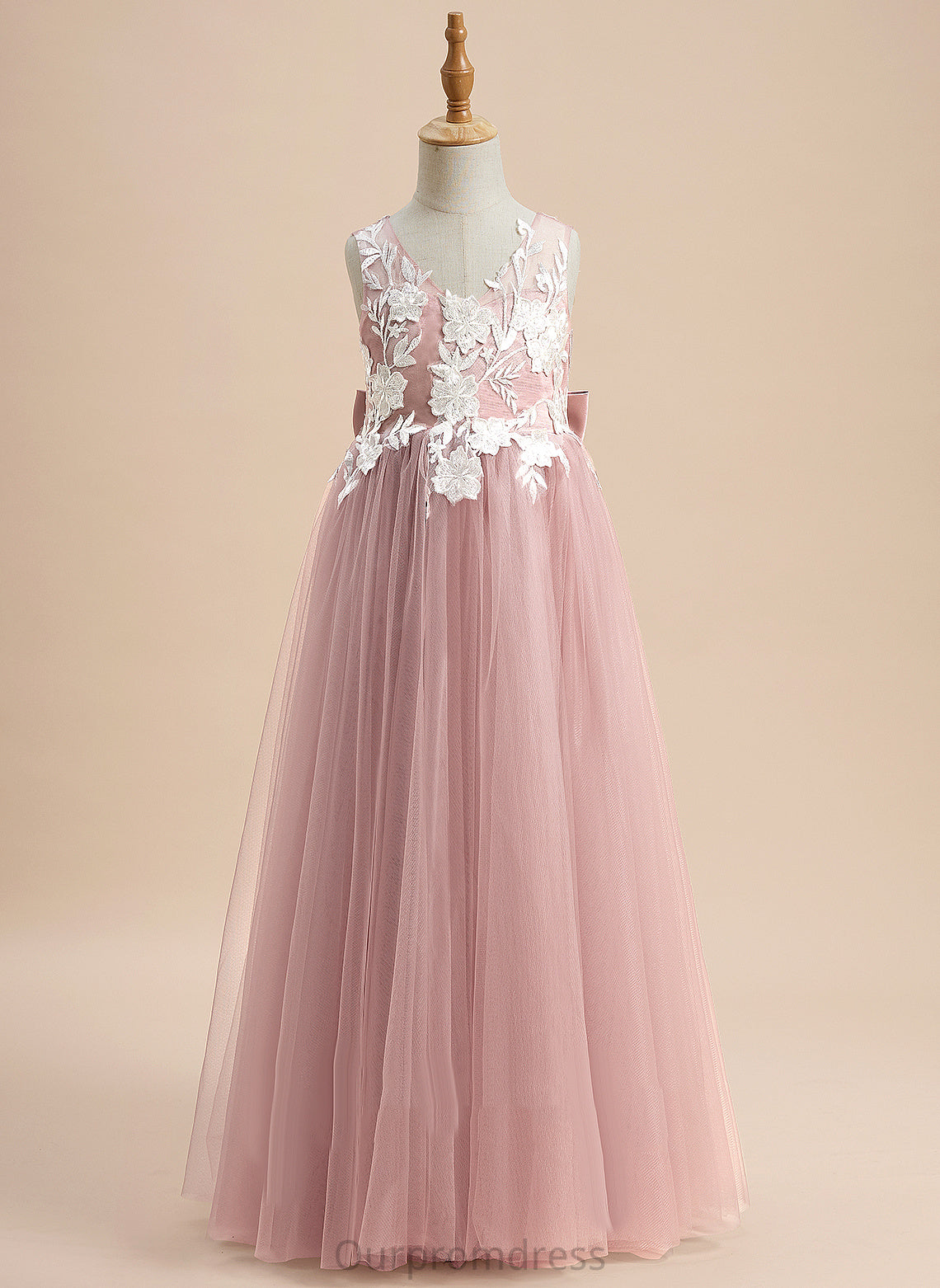 Lace/Bow(s) With Sleeveless Floor-length Tanya V-neck Flower Girl Dresses A-Line - Tulle Flower Dress Girl