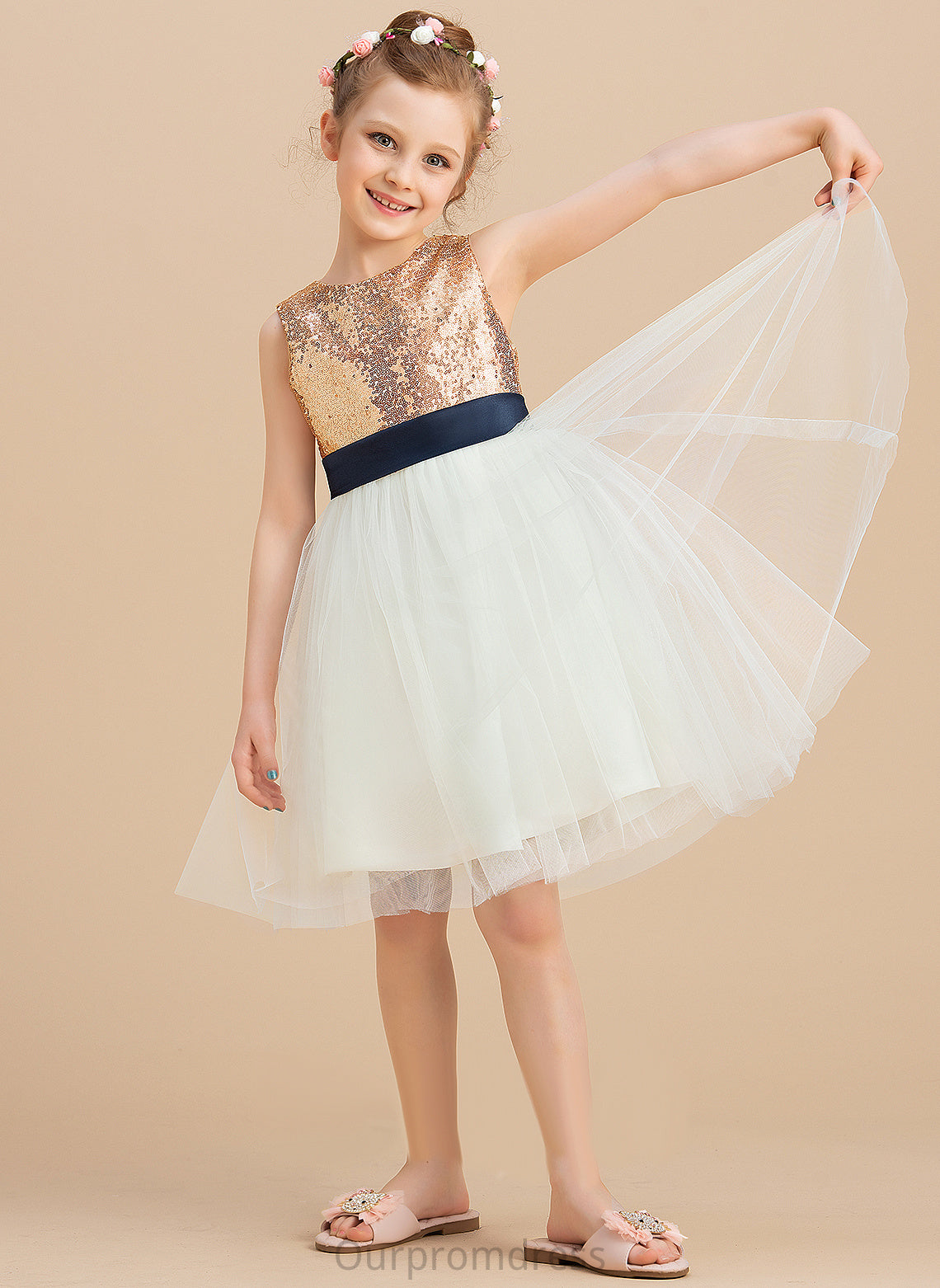 Flower Girl Dresses - Flower (Undetachable Sequins/Bow(s) sash) Scoop With Sleeveless Carolina A-Line Neck Girl Knee-length Dress Satin/Tulle/Sequined