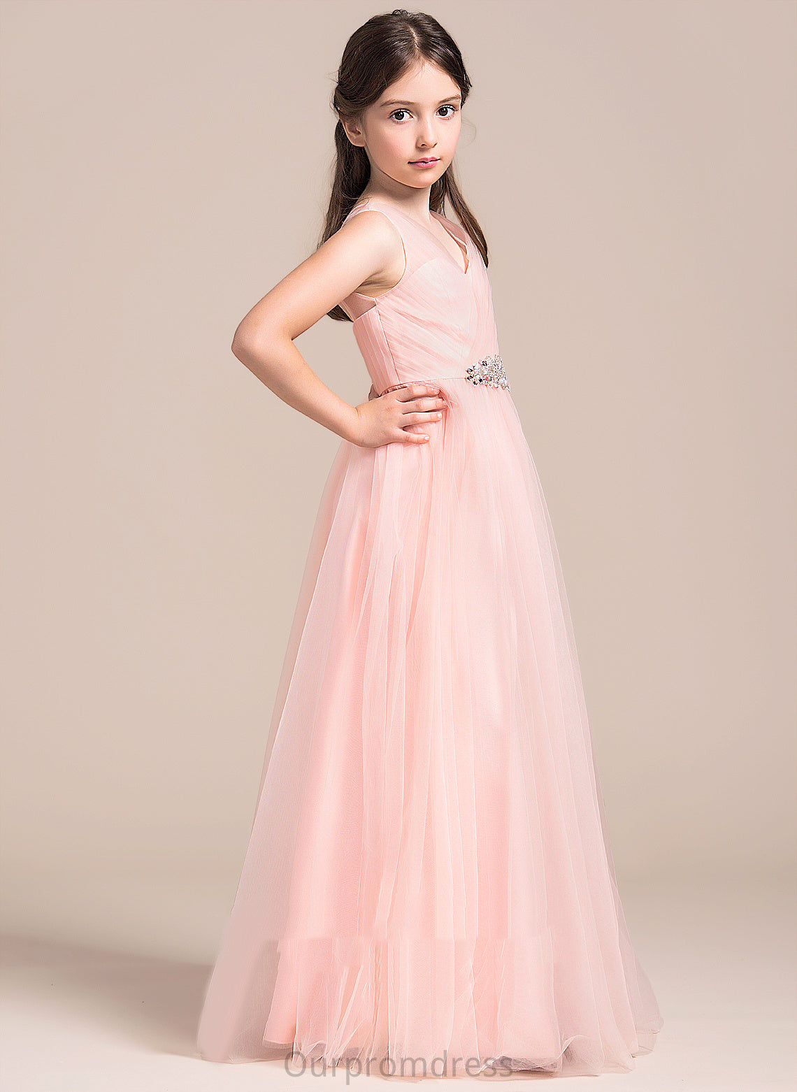 Sleeveless Flower Girl Dresses Tulle - V-neck Floor-length Ruffles/Beading/Sequins With Kendal Girl A-Line Flower Dress