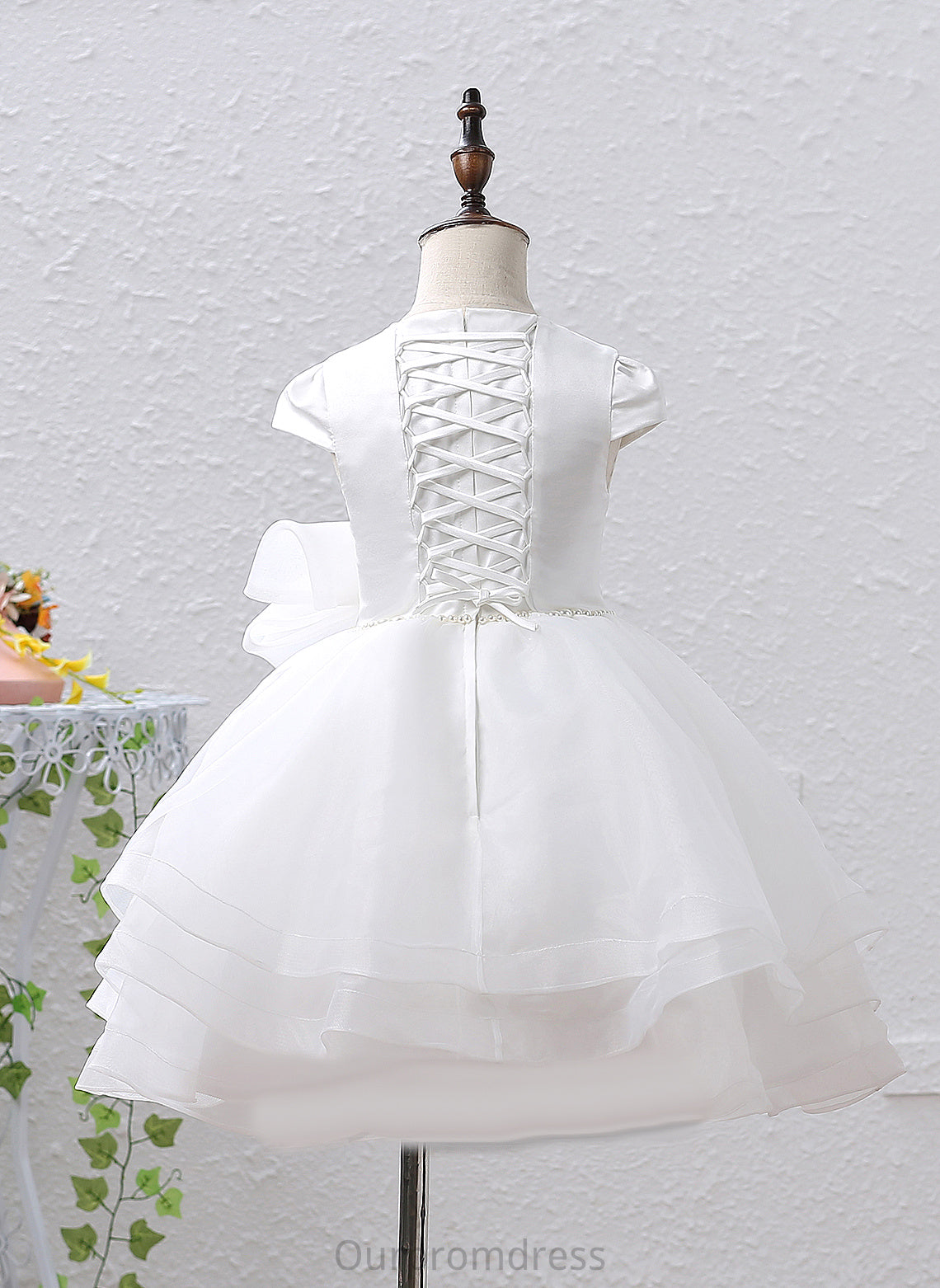 Knee-length Dress Organza/Satin Flower Neck A-Line/Princess Flower Girl Dresses - Beading/Bow(s) Scoop With Girl Kendra Sleeveless