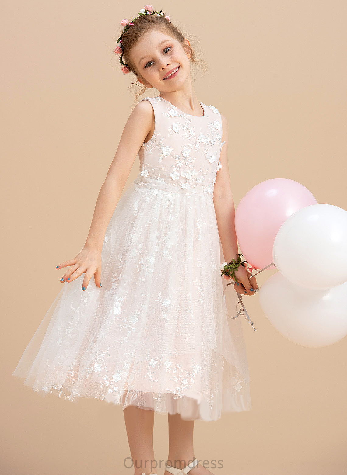 Tulle/Lace A-Line Beading/Flower(s) Dress Flower Girl Dresses Scoop Tea-length Girl Sleeveless Neck Flower - With Lucy