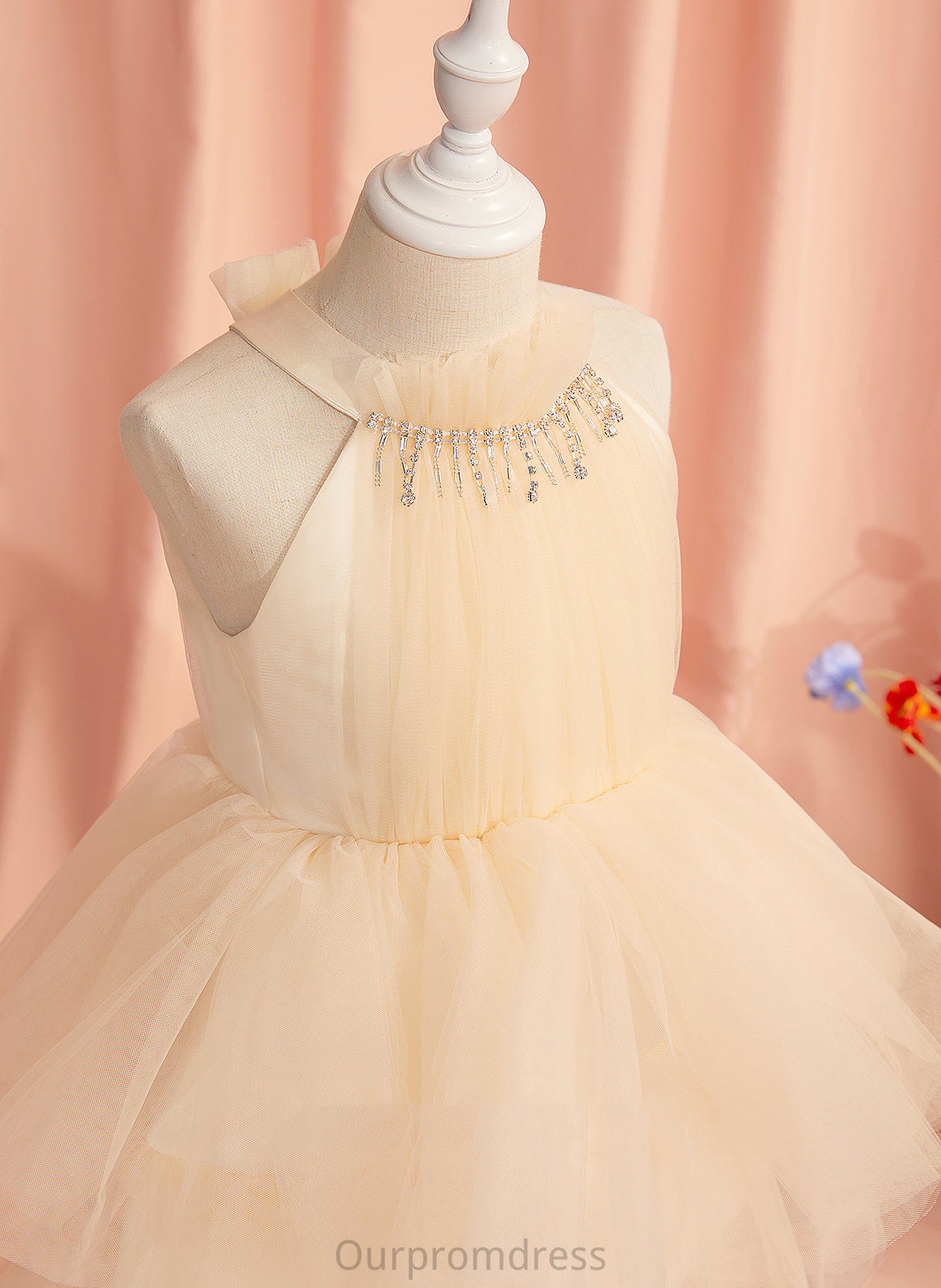 Flower Girl Dresses Mira Knee-length Flower High Sleeveless With Ball-Gown/Princess Tulle Neck Dress Girl - Rhinestone