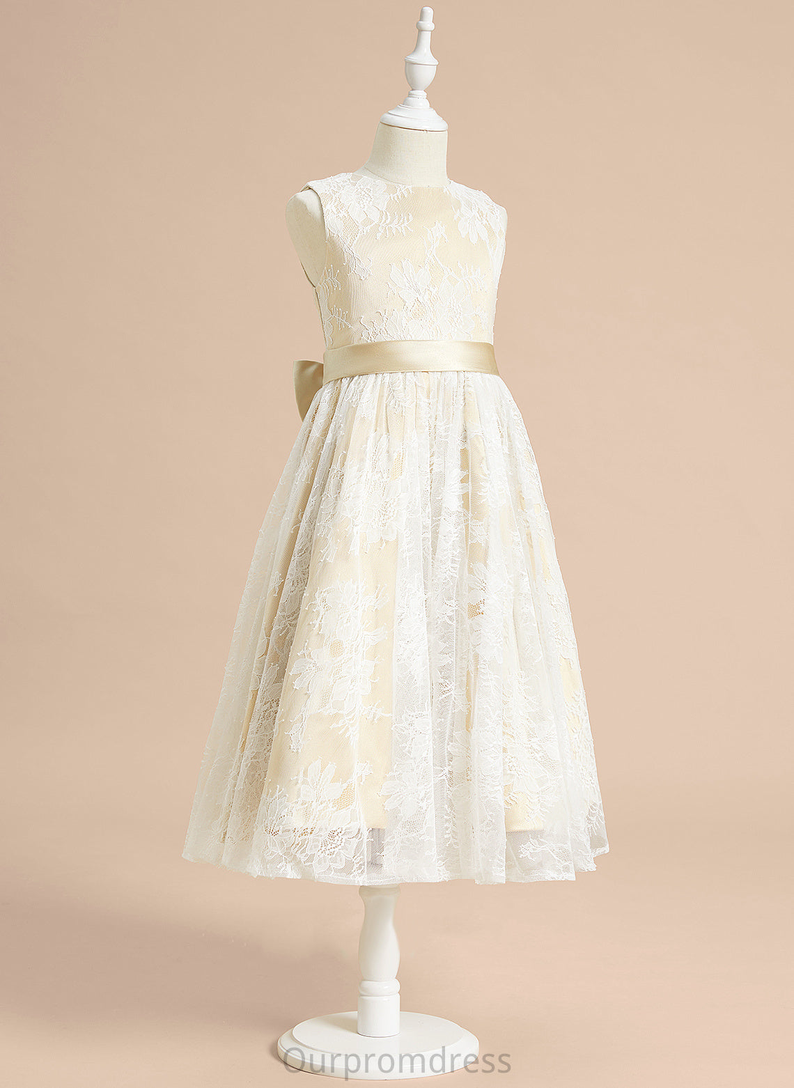 With Neck Flower Satin/Lace A-Line Bow(s) Dress Tea-length Sleeveless Scoop - Girl Flower Girl Dresses Carla