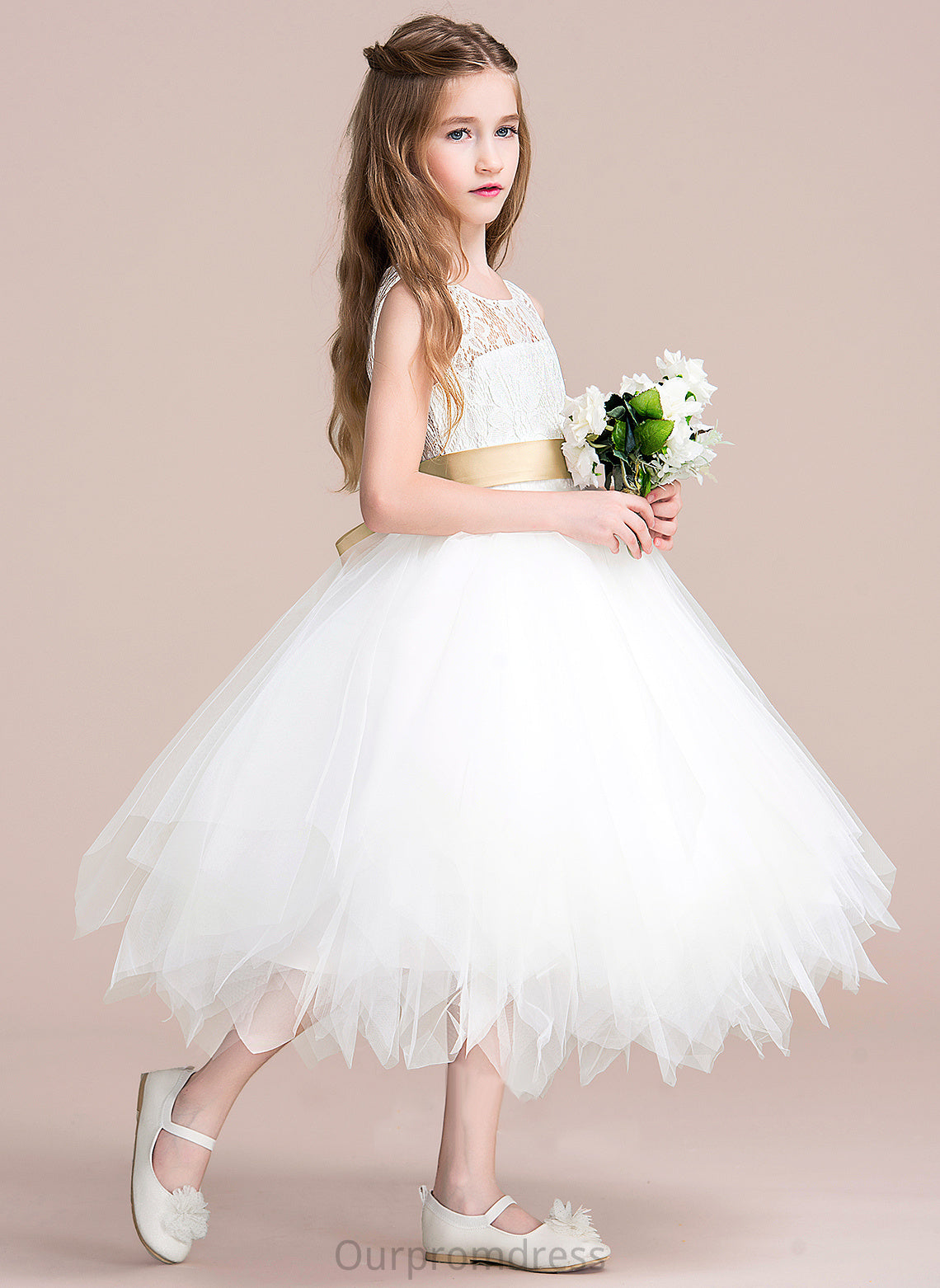 Girl With Sage Neck Flower Girl Dresses Hole Sash/Back Scoop (Detachable Tulle/Lace sash) A-Line - Sleeveless Tea-length Dress Flower