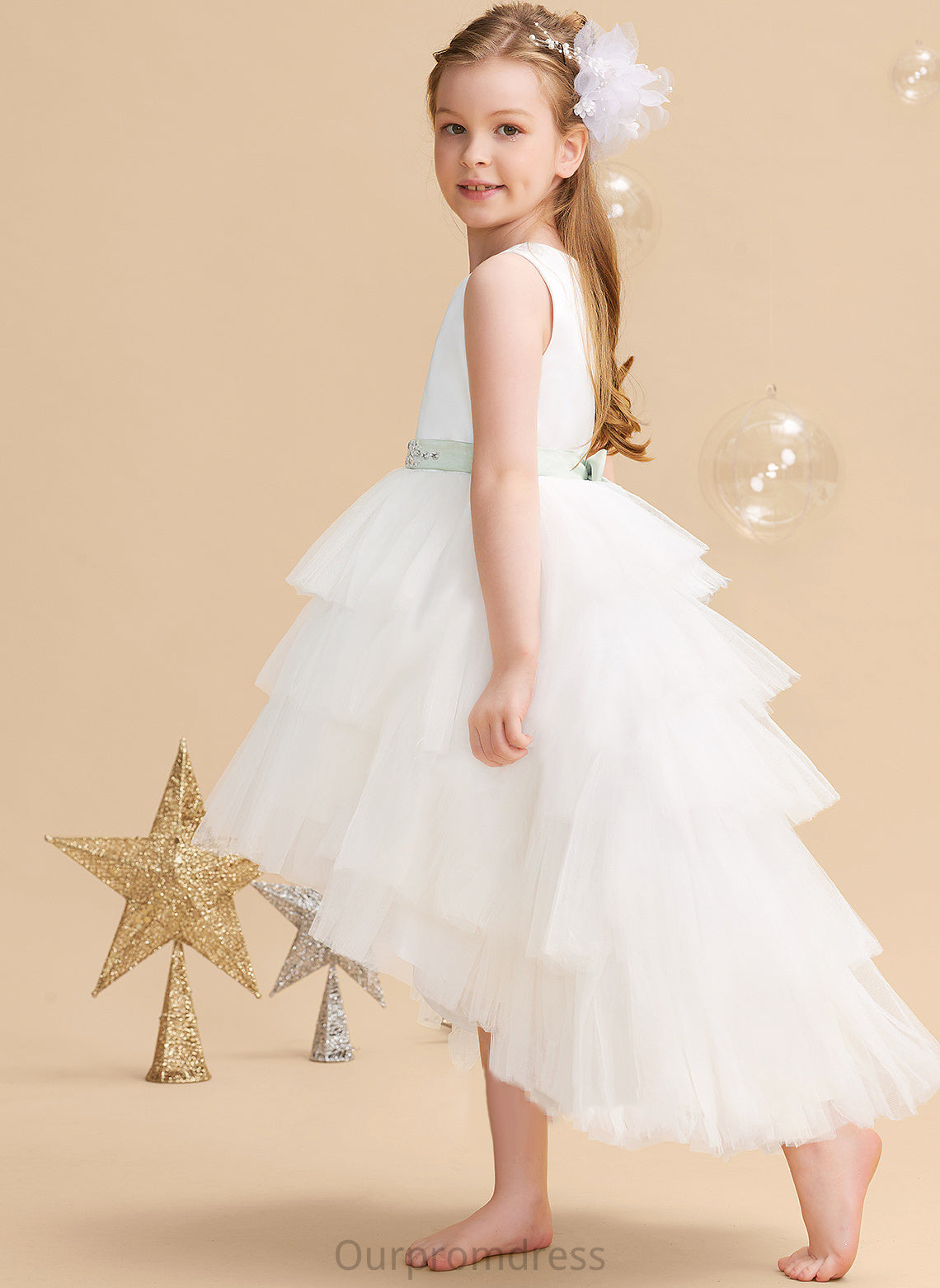 Dress Neck Flower Sash/Beading Girl Tulle Sleeveless Scoop Asymmetrical Ball-Gown/Princess (Detachable With Stephanie Flower Girl Dresses sash) -