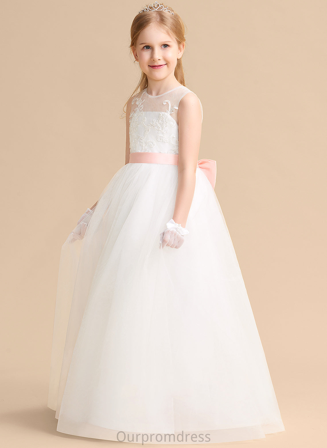 Cierra - With Flower Girl Dresses Dress Neck Girl Bow(s) Scoop Floor-length Flower sash) Sleeveless Satin/Tulle/Lace (Undetachable A-Line