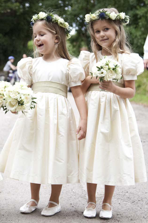 Vintage Juliet Sleeves Tea Length Round Neck Satin Flower Girl Dresses, Little Dresses STG15606