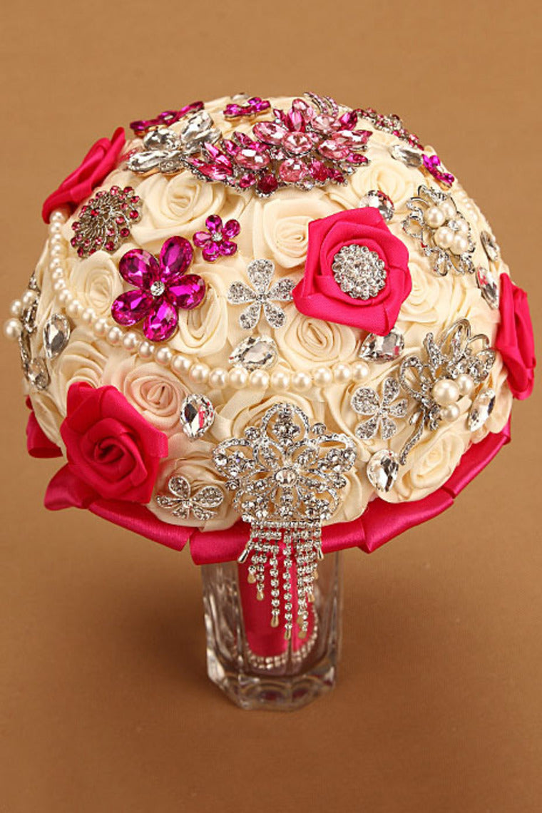 Round Shape Ribbon Roses With Rhinestone Brooch Wedding Bouquet (27*20cm)