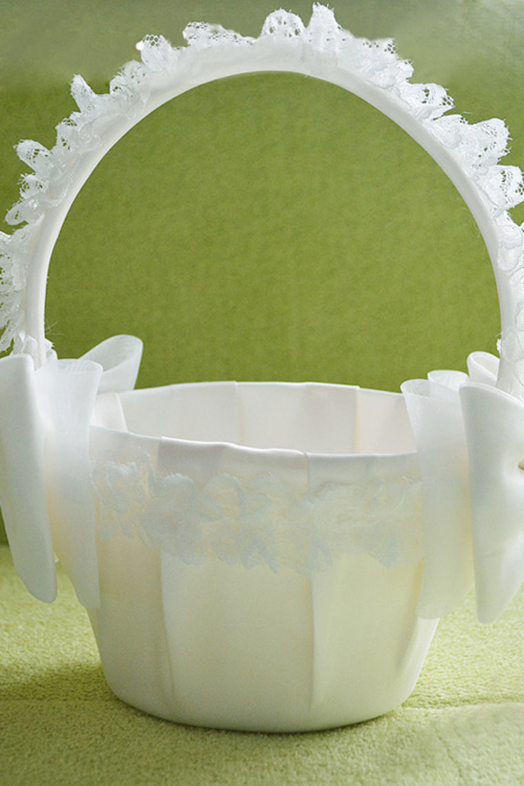 Pure Flower Basket In Satin & Lace With Bow/Faux Pearl