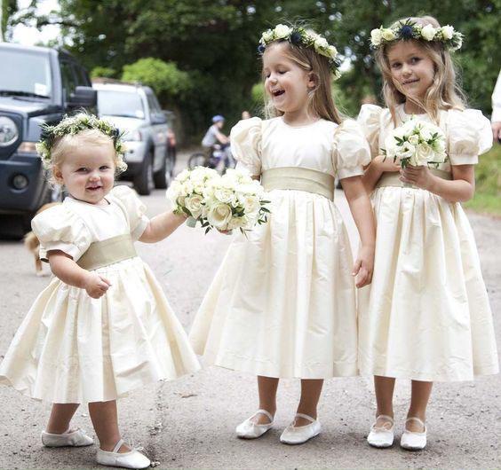 Vintage Juliet Sleeves Tea Length Round Neck Satin Flower Girl Dresses, Little Dresses STG15606