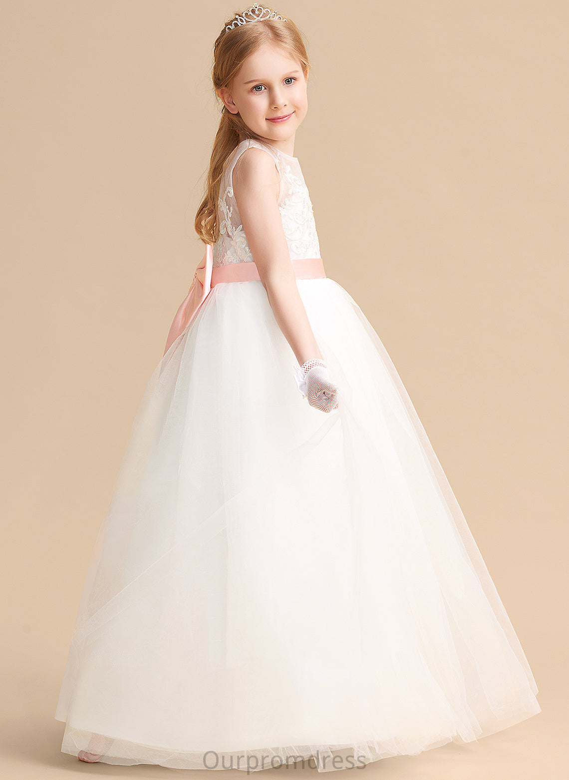 Cierra - With Flower Girl Dresses Dress Neck Girl Bow(s) Scoop Floor-length Flower sash) Sleeveless Satin/Tulle/Lace (Undetachable A-Line