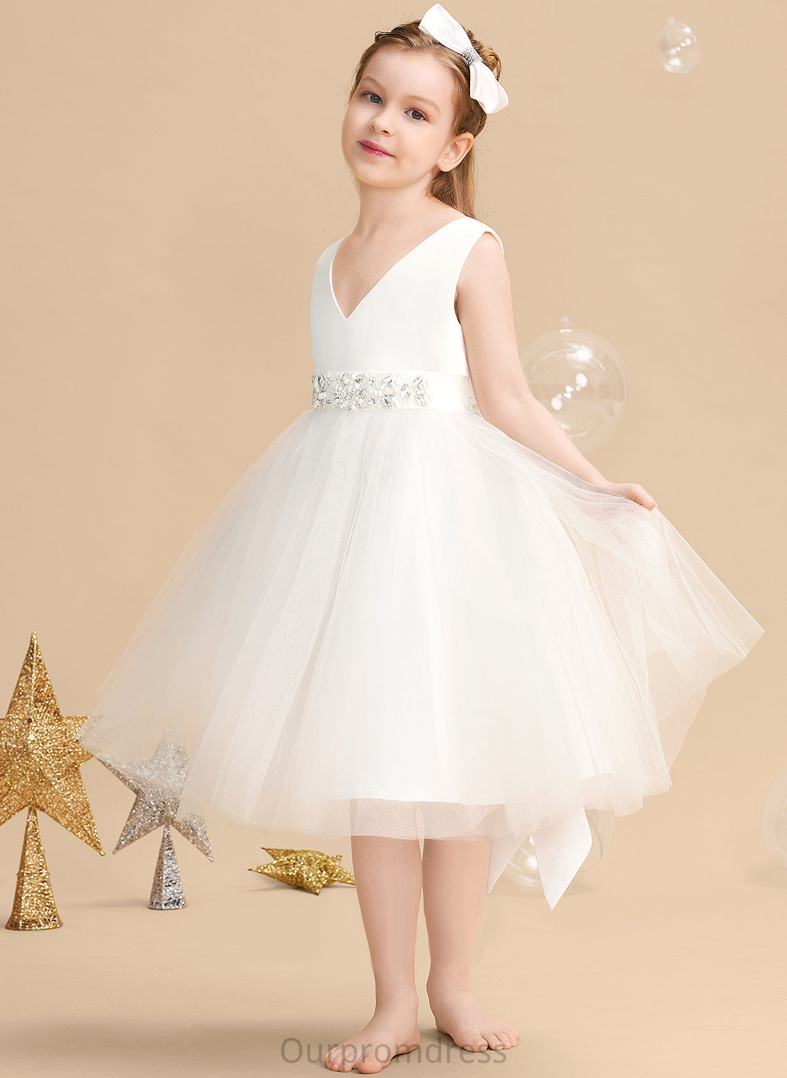 V-neck Flower A-Line Bow(s) Girl Dress Flower Girl Dresses Knee-length With - Satin/Tulle Violet Sleeveless