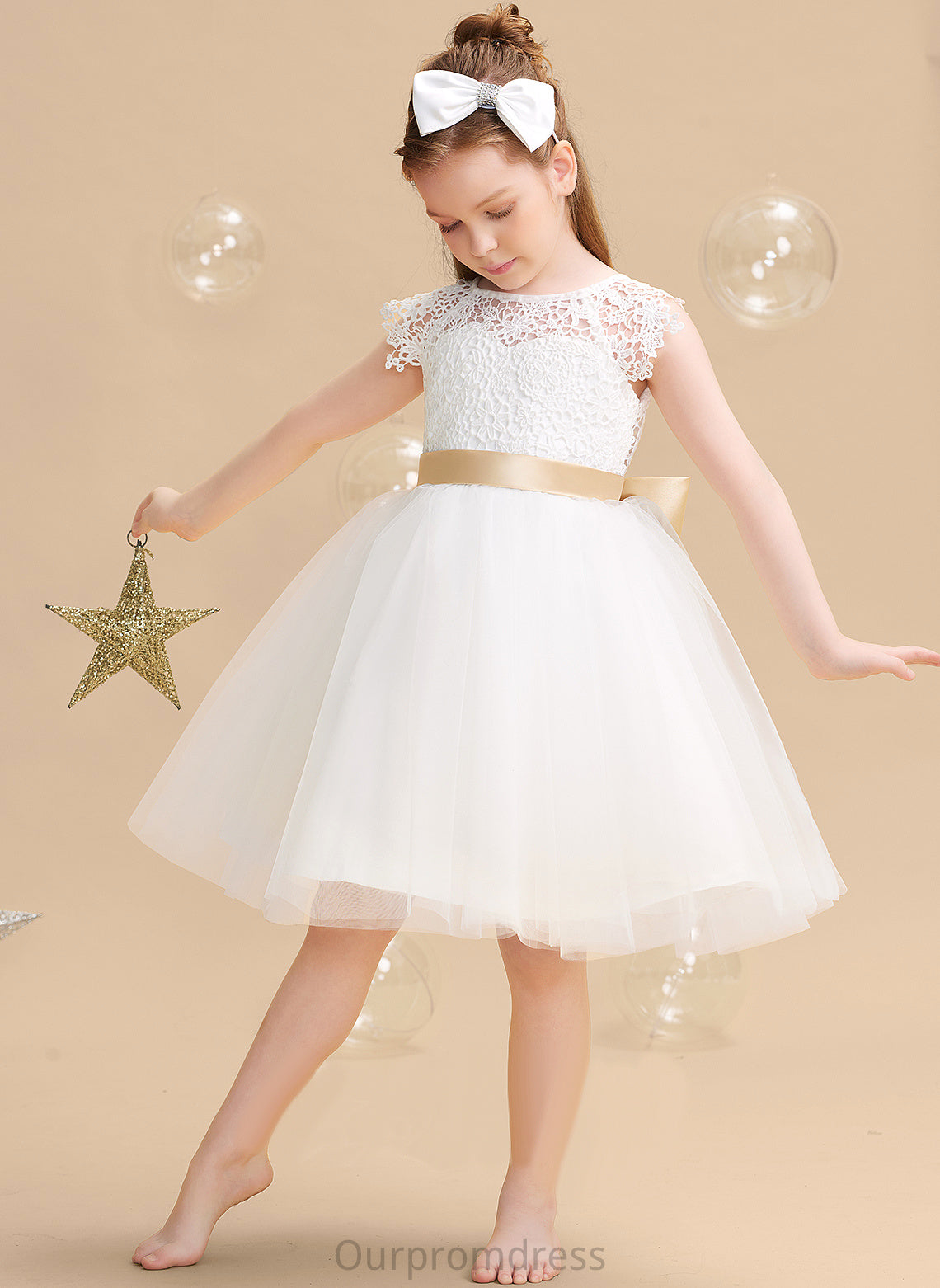 With Flower Girl Dresses Neck Sleeves Silvia Dress - Tulle/Lace Flower Knee-length Short A-Line sash) (Undetachable Scoop Sash/Bow(s) Girl