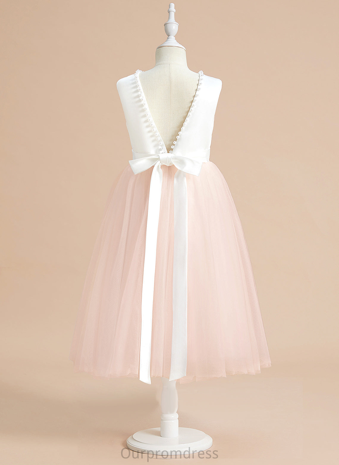 Beading/Bow(s) Neck Scoop Dress Satin/Tulle Abby Girl Flower Girl Dresses Sleeveless Tea-length A-Line - With Flower