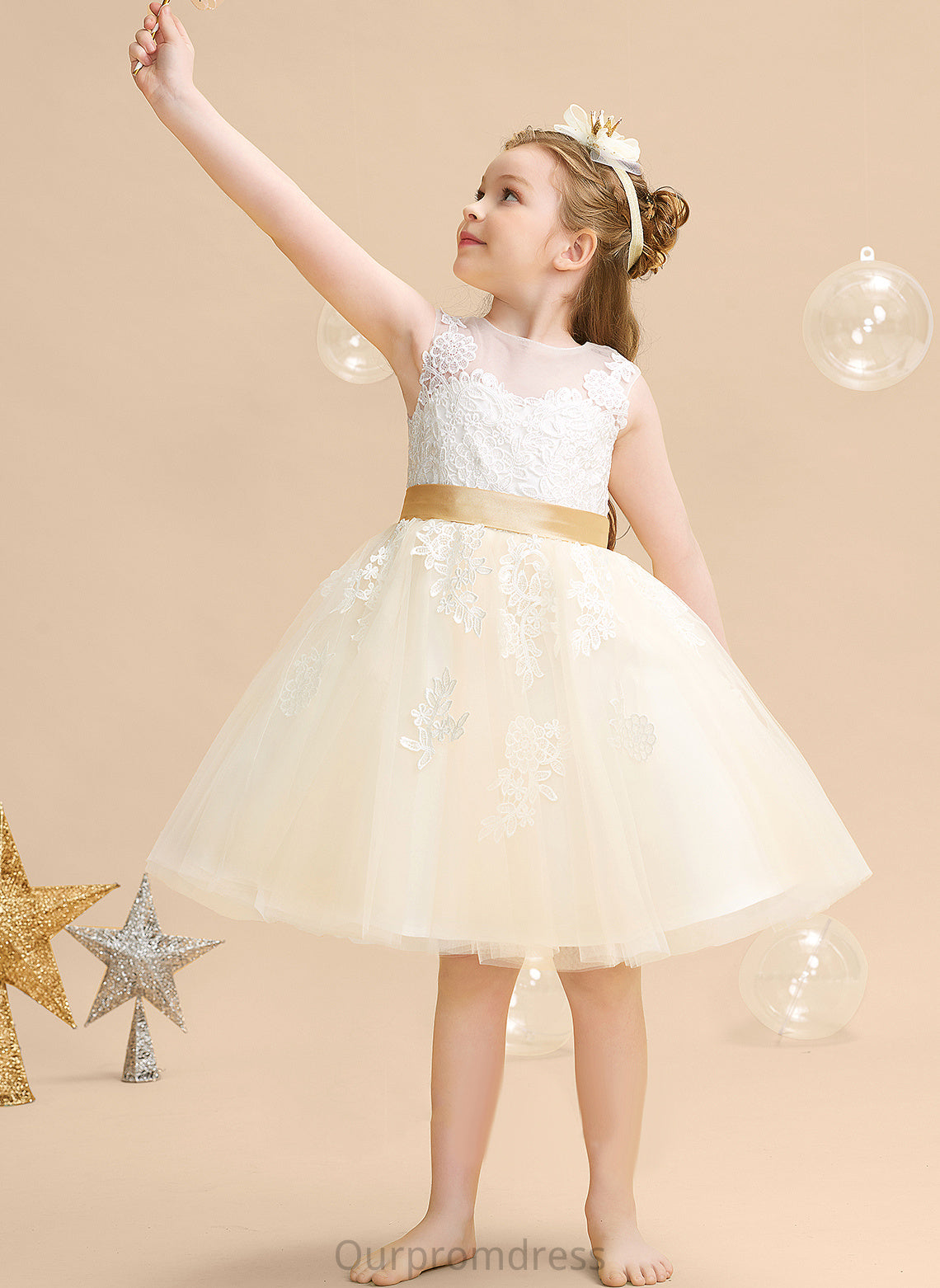 Flower Girl Dresses Charlee Knee-length Scoop Girl Satin/Tulle/Lace Sleeveless A-Line Appliques/V - Neck With Dress Back Flower