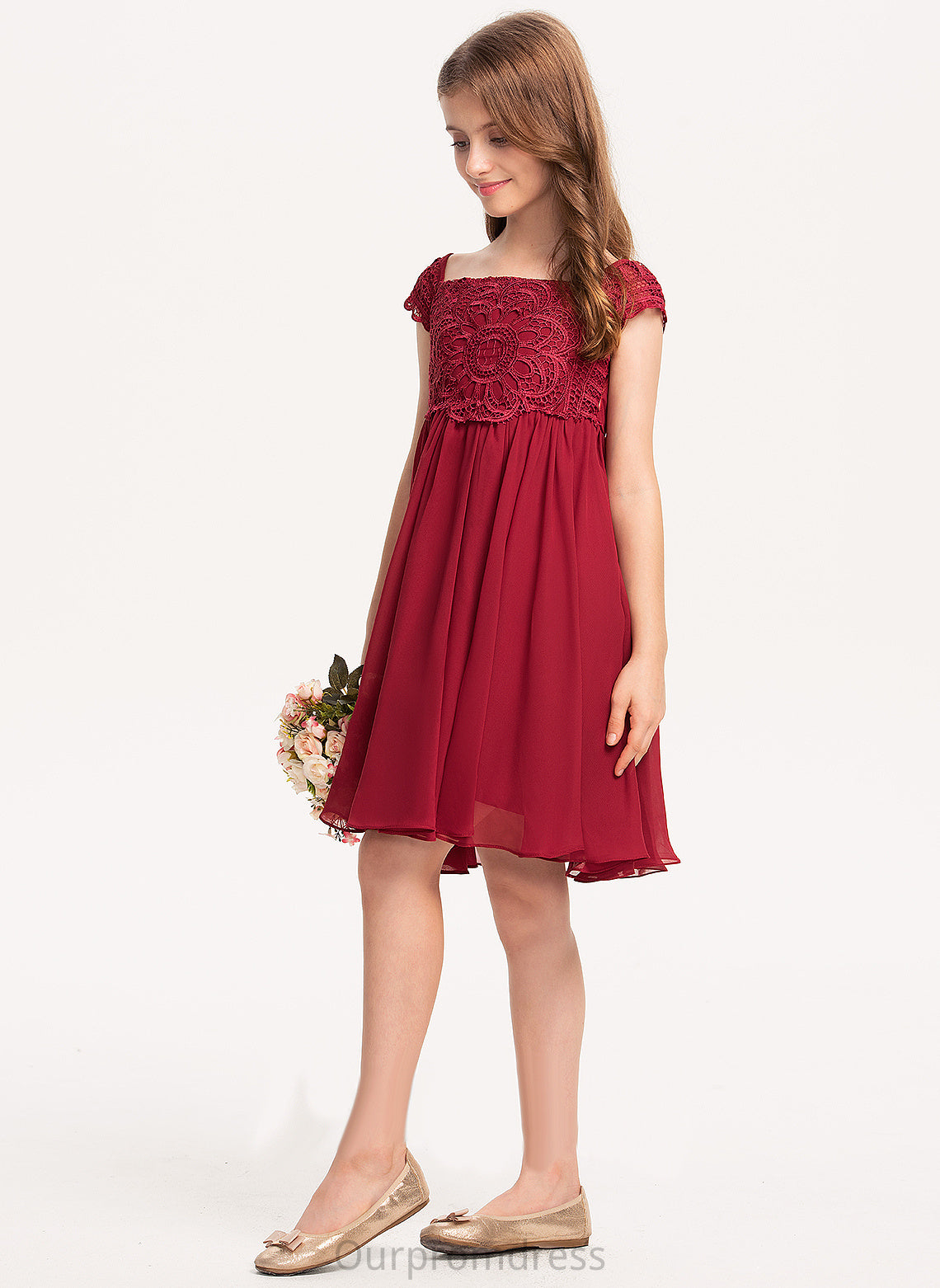 Chiffon Flower Dress Square Sleeves Elaina Girl - Knee-length Neckline Short Flower Girl Dresses A-Line