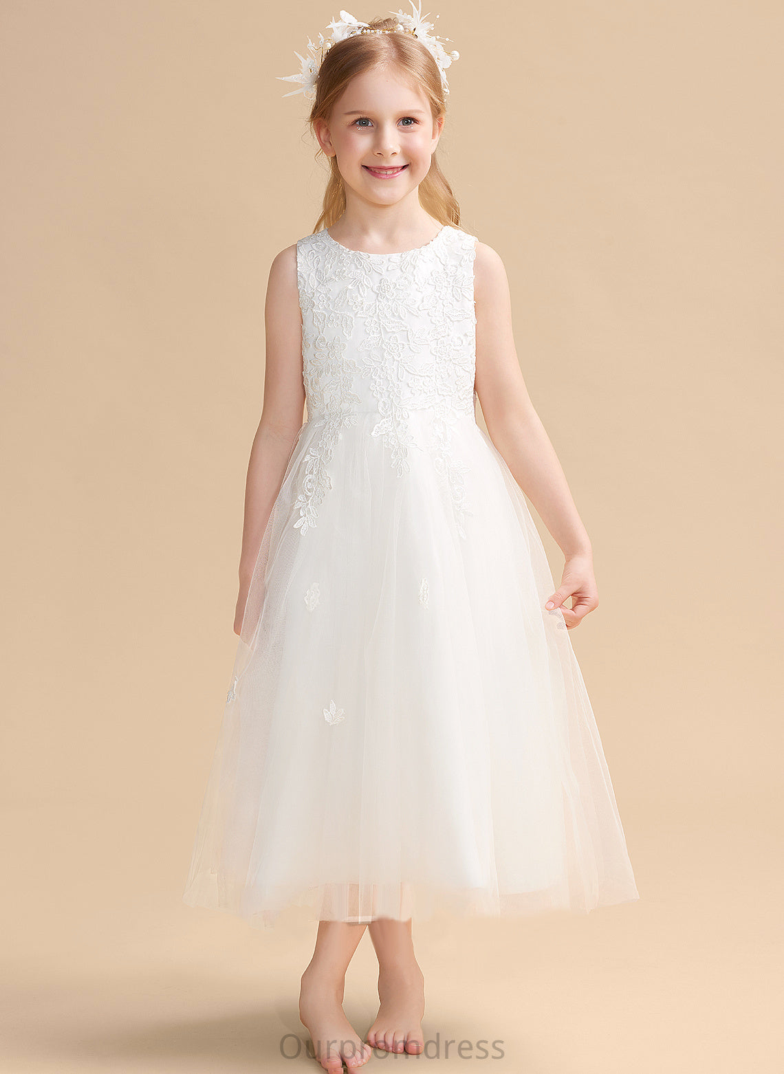 Satin/Tulle Dress - A-Line Clare Tea-length Bow(s) Girl Flower Girl Dresses Flower Neck Scoop Sleeveless With