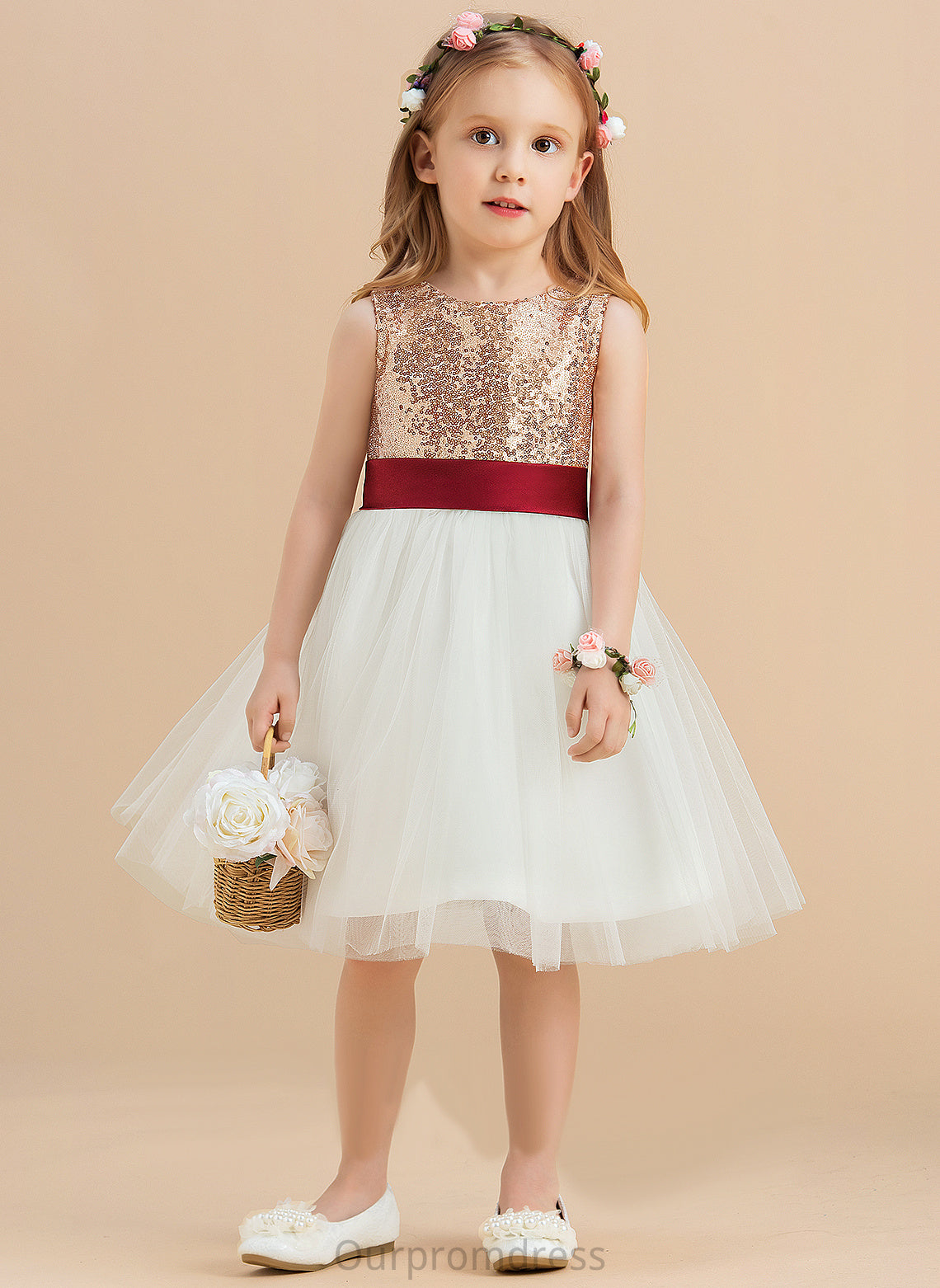 Flower Girl Dresses - Flower (Undetachable Sequins/Bow(s) sash) Scoop With Sleeveless Carolina A-Line Neck Girl Knee-length Dress Satin/Tulle/Sequined