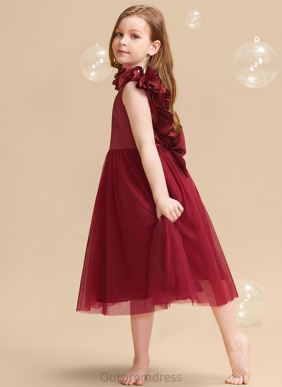 A-Line V-neck Flower(s)/Bow(s) Flower Girl Dresses Girl With Tea-length Satin/Tulle Dress Gillian Sleeveless - Flower