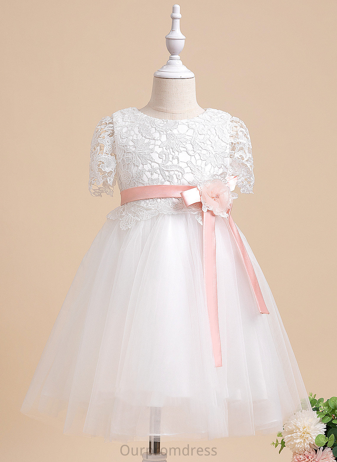 Knee-length Tulle/Lace Scoop Sash/Flower(s) Neck A-Line Dress Flower With America Short Flower Girl Dresses Girl - Sleeves