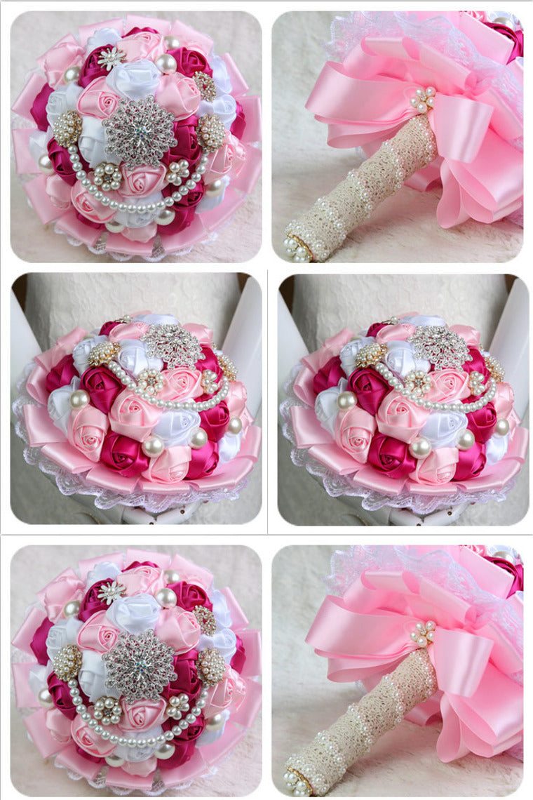 Elegant Ribbon Roses With Rhinestone Brooch Wedding Bouquet (27*18cm)