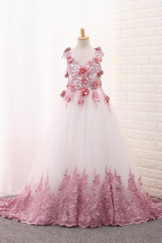 2024 Scoop A Line Tulle Flower Girl Dresses With Applique P7JAHK9X