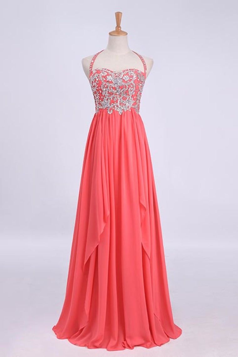 Hot Selling Prom Dresses Halter A-Line Floor Length Chiffon Color Watermelon Only Cheap