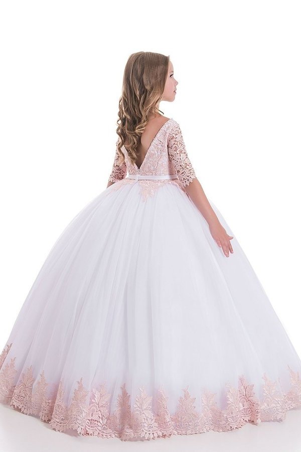 2024 Scoop Ball Gown Mid-Length Sleeves Tulle With Applique P8SDKQT9