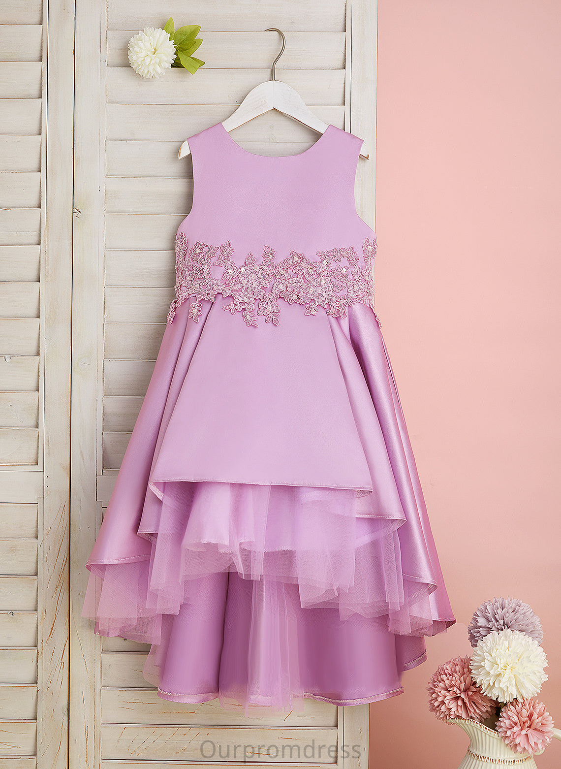 A-Line Sleeveless Flower Lace/Beading/Bow(s) Neck Dress Flower Girl Dresses Aliana With Girl Scoop Satin/Tulle - Asymmetrical