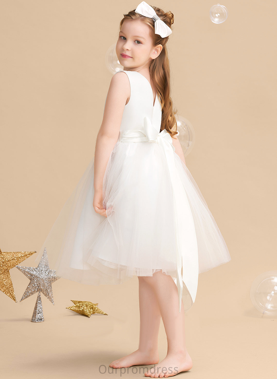 V-neck Flower A-Line Bow(s) Girl Dress Flower Girl Dresses Knee-length With - Satin/Tulle Violet Sleeveless