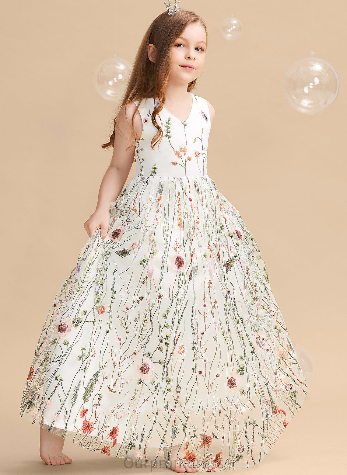 A-Line - Flower V-neck Sleeveless Flower(s)/Bow(s) Dress Flower Girl Dresses Payten Girl Floor-length Jacquard With