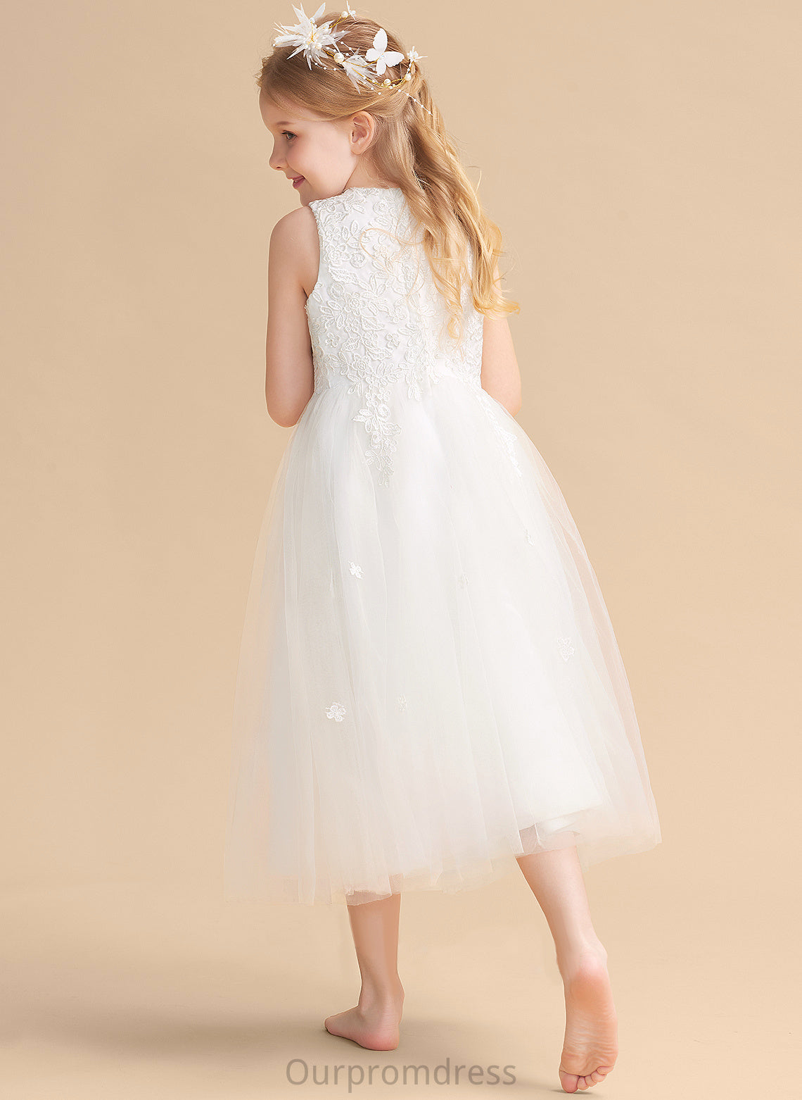 Satin/Tulle Dress - A-Line Clare Tea-length Bow(s) Girl Flower Girl Dresses Flower Neck Scoop Sleeveless With