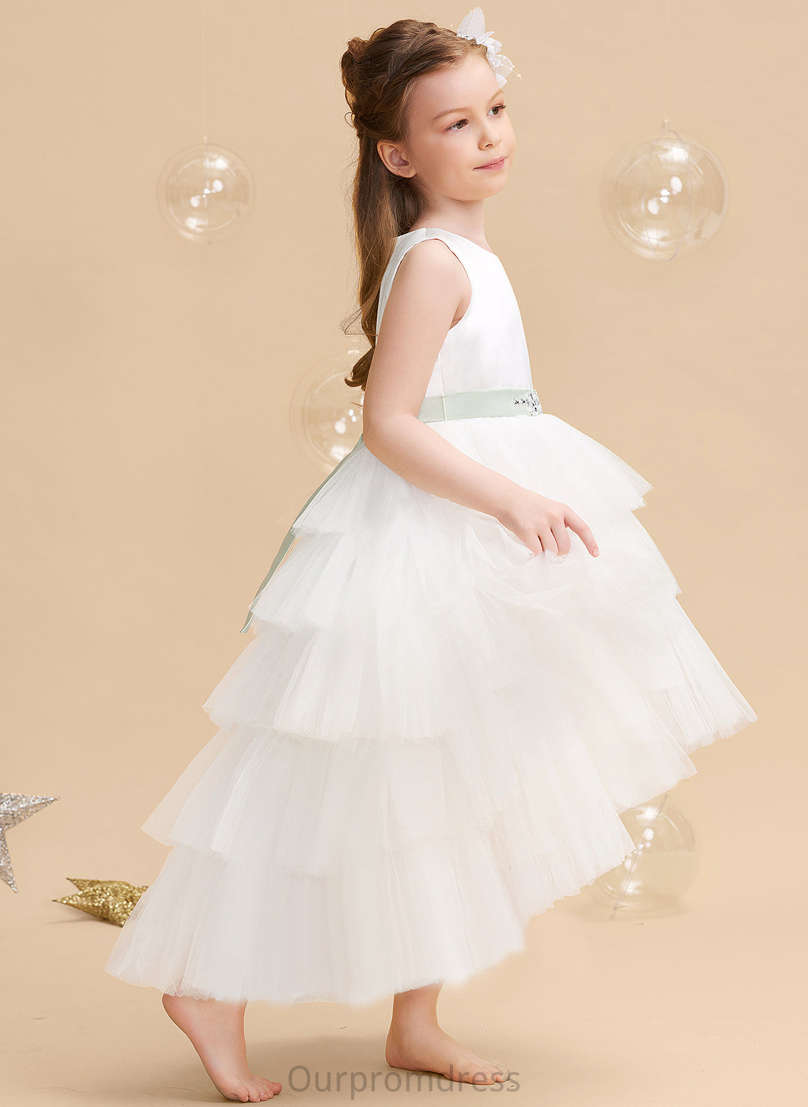 Dress Neck Flower Sash/Beading Girl Tulle Sleeveless Scoop Asymmetrical Ball-Gown/Princess (Detachable With Stephanie Flower Girl Dresses sash) -