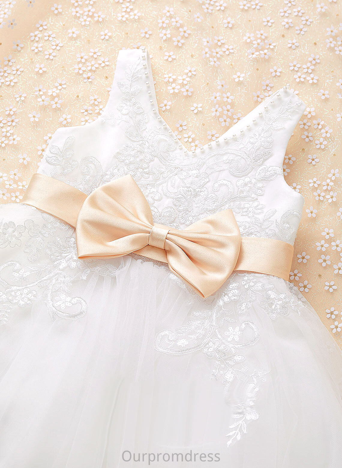 Sleeveless - Tulle/Lace Sash/Beading/Bow(s) Dress V-neck Flower A-Line Flower Girl Dresses Knee-length With Girl Alexia