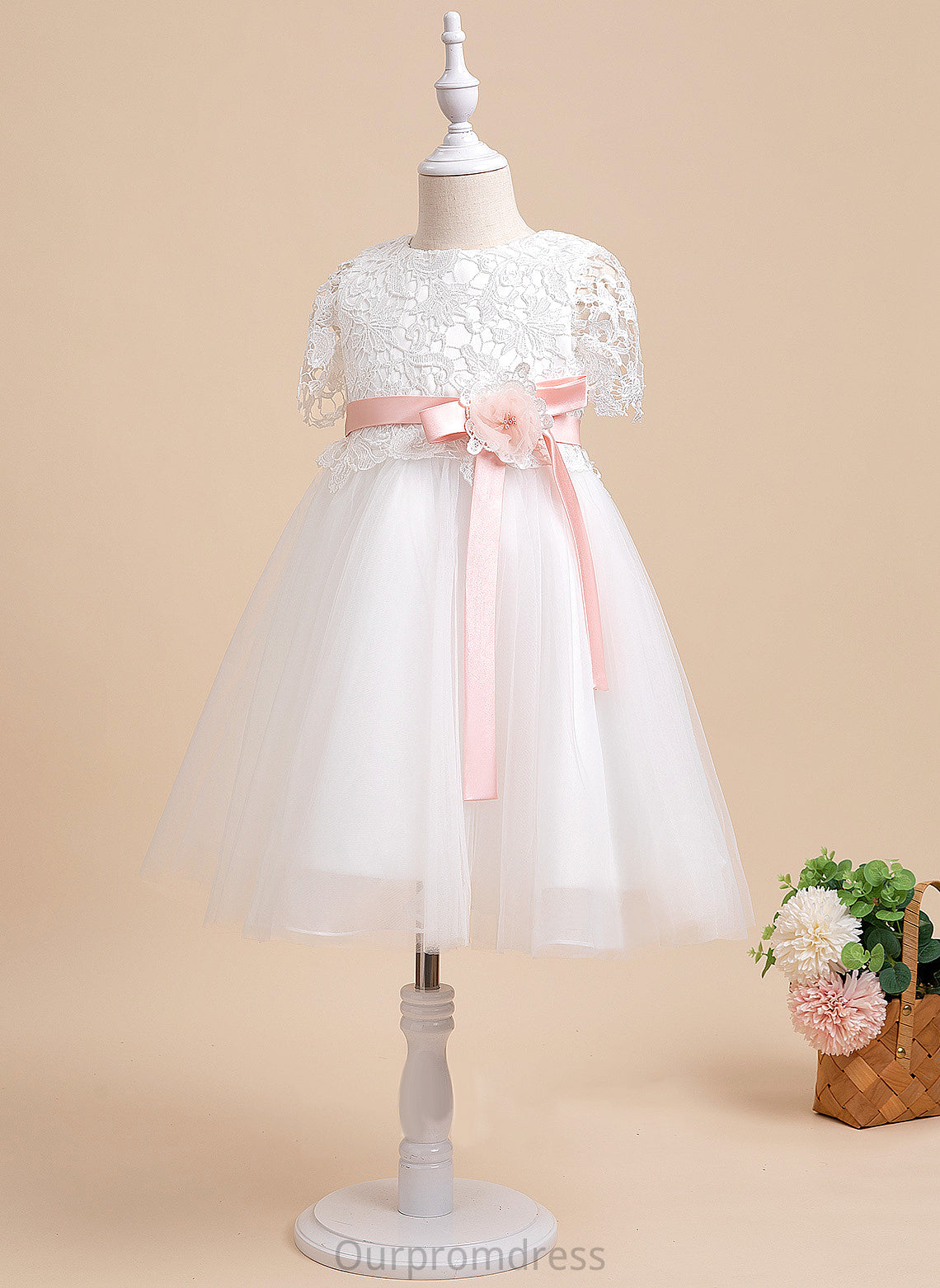 Knee-length Tulle/Lace Scoop Sash/Flower(s) Neck A-Line Dress Flower With America Short Flower Girl Dresses Girl - Sleeves