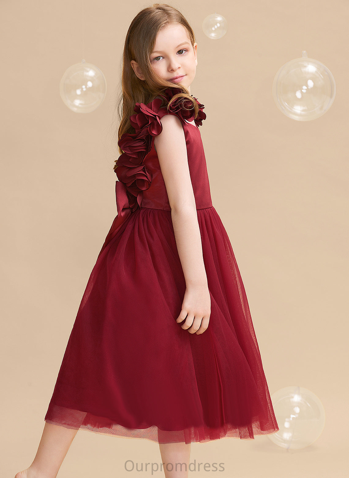 A-Line V-neck Flower(s)/Bow(s) Flower Girl Dresses Girl With Tea-length Satin/Tulle Dress Gillian Sleeveless - Flower