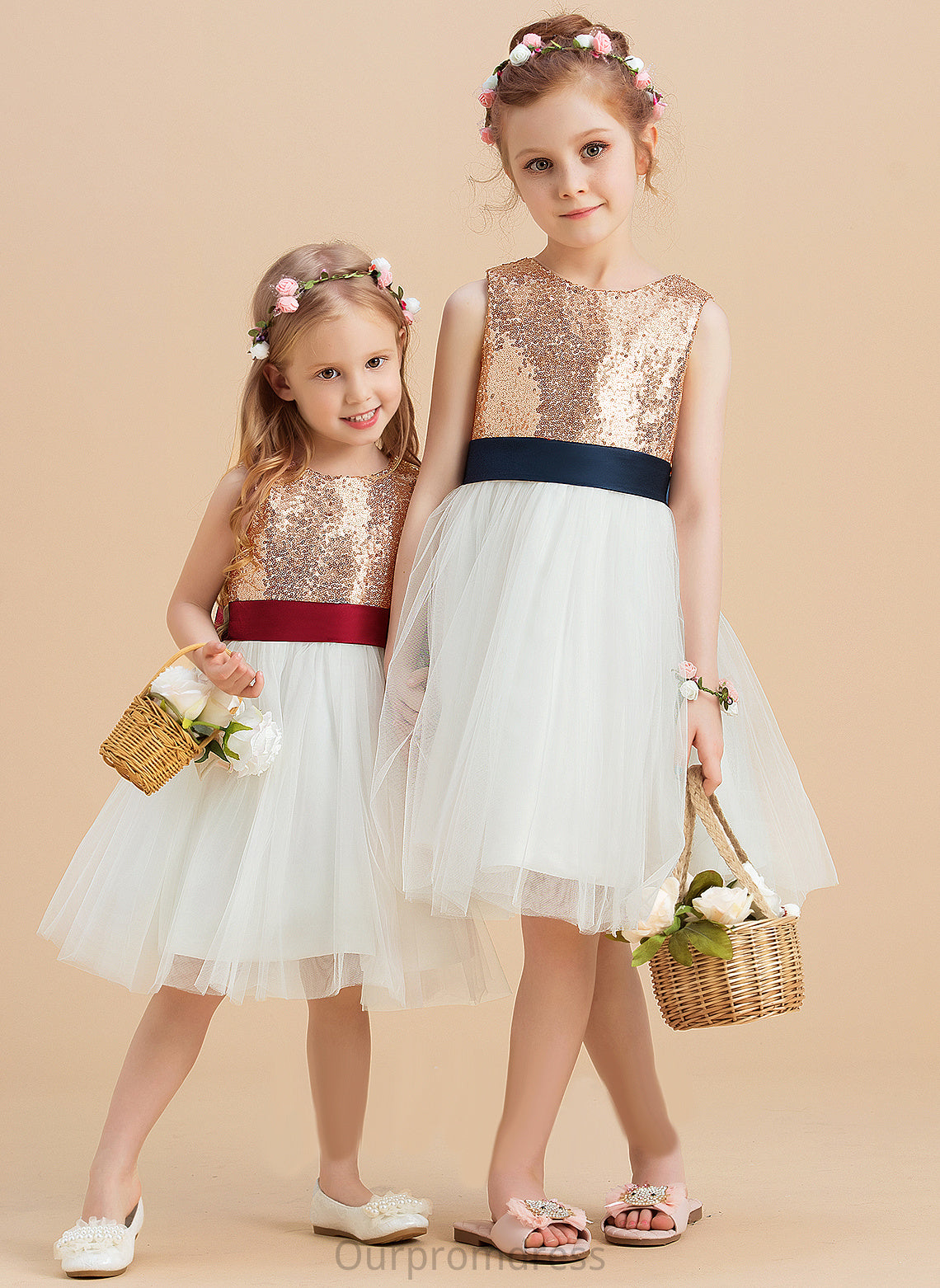 Flower Girl Dresses - Flower (Undetachable Sequins/Bow(s) sash) Scoop With Sleeveless Carolina A-Line Neck Girl Knee-length Dress Satin/Tulle/Sequined