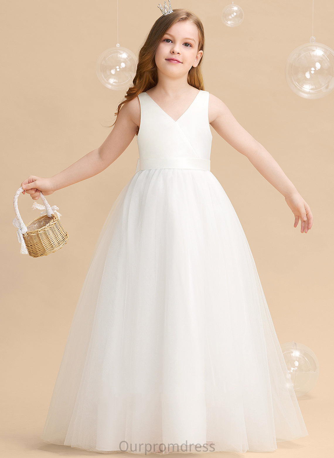 Tulle Flower Girl Dresses Sleeveless V-neck Ball-Gown/Princess Girl Flower Dress Floor-length - With Bow(s)/V Back Emilie