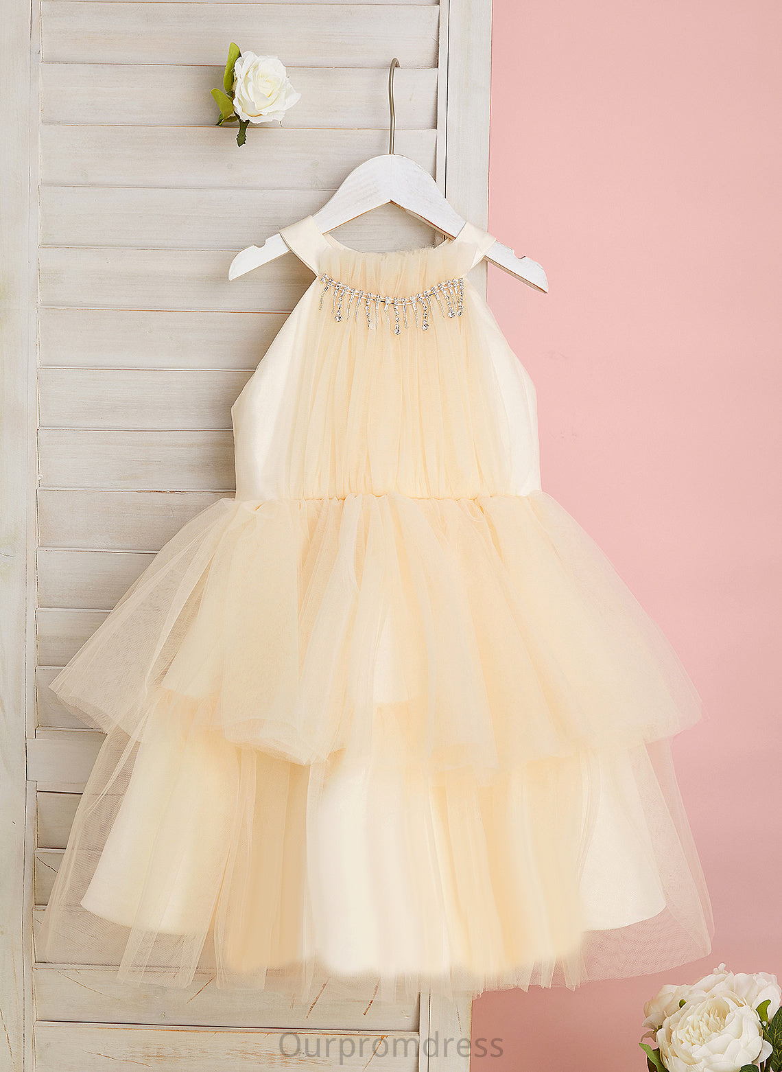 Flower Girl Dresses Mira Knee-length Flower High Sleeveless With Ball-Gown/Princess Tulle Neck Dress Girl - Rhinestone