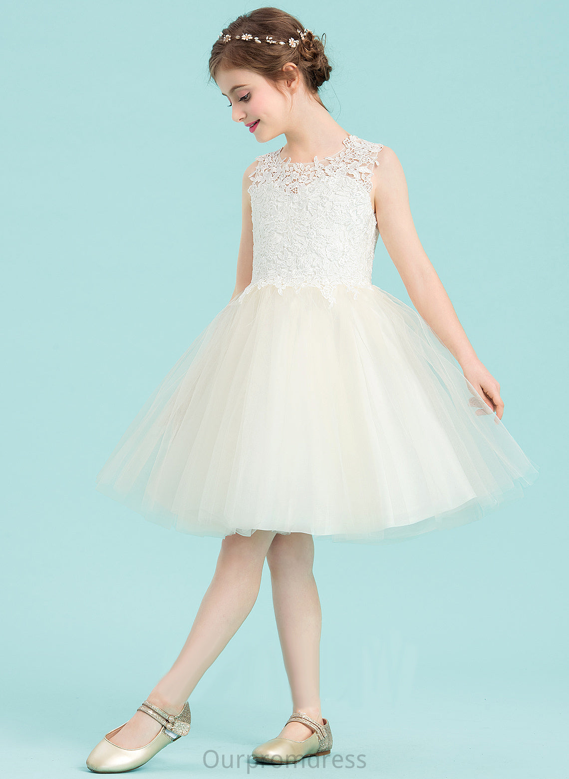 A-Line Tulle/Lace - Girl Neck Hole Flower Girl Dresses Back Sleeveless Flower With Knee-length Scoop Dress Elisabeth