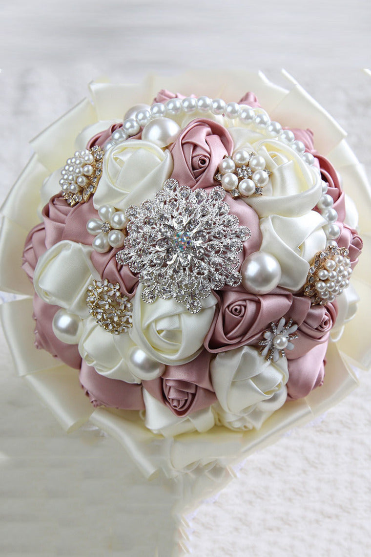 Elegant Ribbon Roses With Rhinestone Brooch Wedding Bouquet (27*18cm)