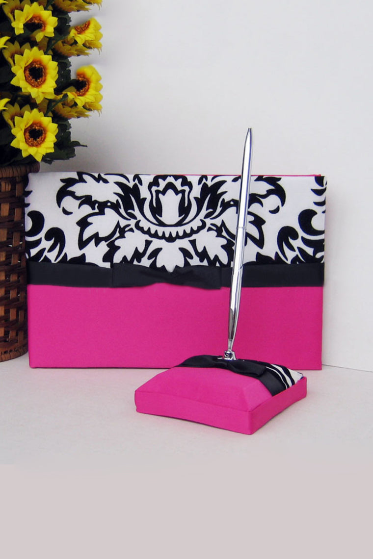 Classic Black & White Bow/Flower Guestbook & Pen Set