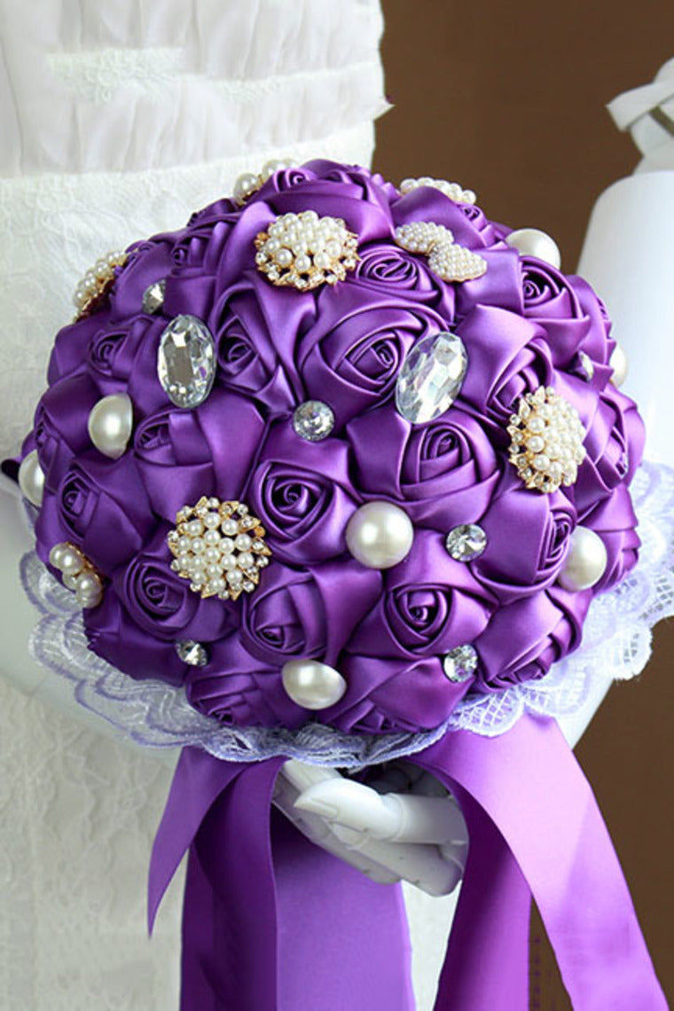 Luxury Rhinestone Pearl Satin Rose Flower Wedding Bouquet (27*18cm)