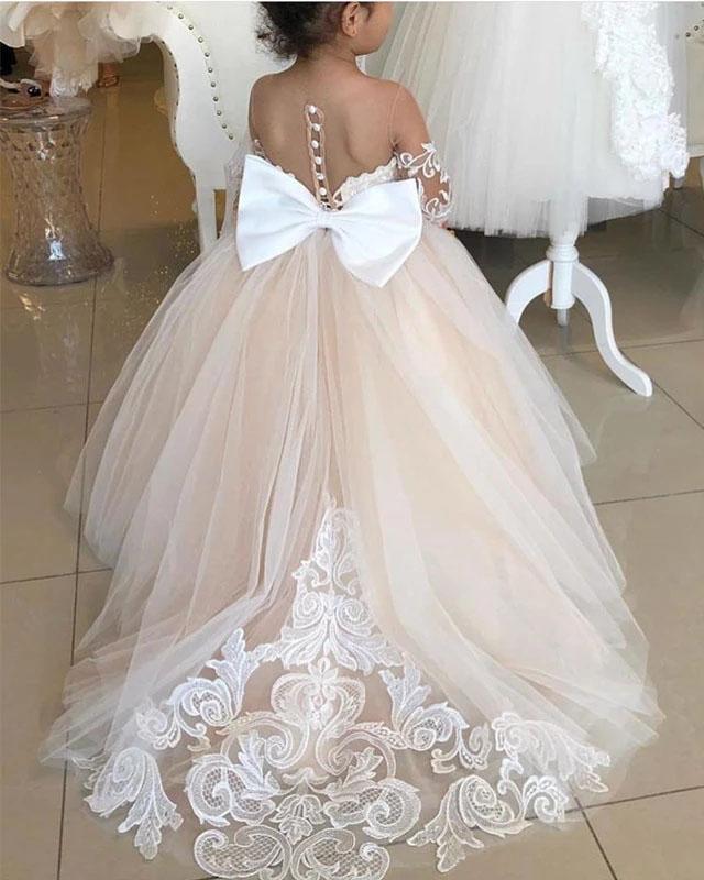 Ball Gown Long Sleeve Tulle Appliques Flower Girl Dresses with Bowknot, Baby Dresses STG15560