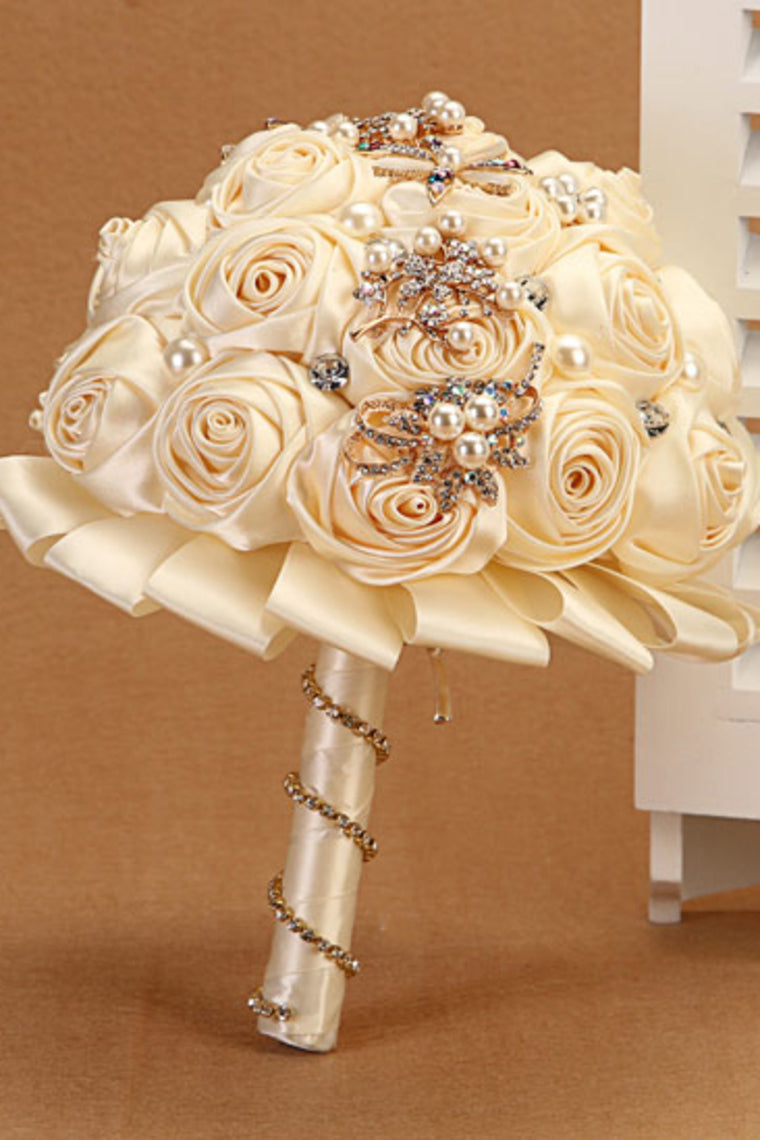 Wedding Bride Holding Flower Rhinestone Crystal Pearl Fabric Flower Bouquet (26*22cm)