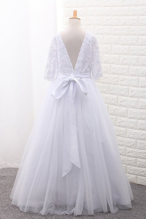 2024 Mid-Length Sleeves Scoop Ball Gown Flower Girl Dresses Tulle PQ15XLTJ