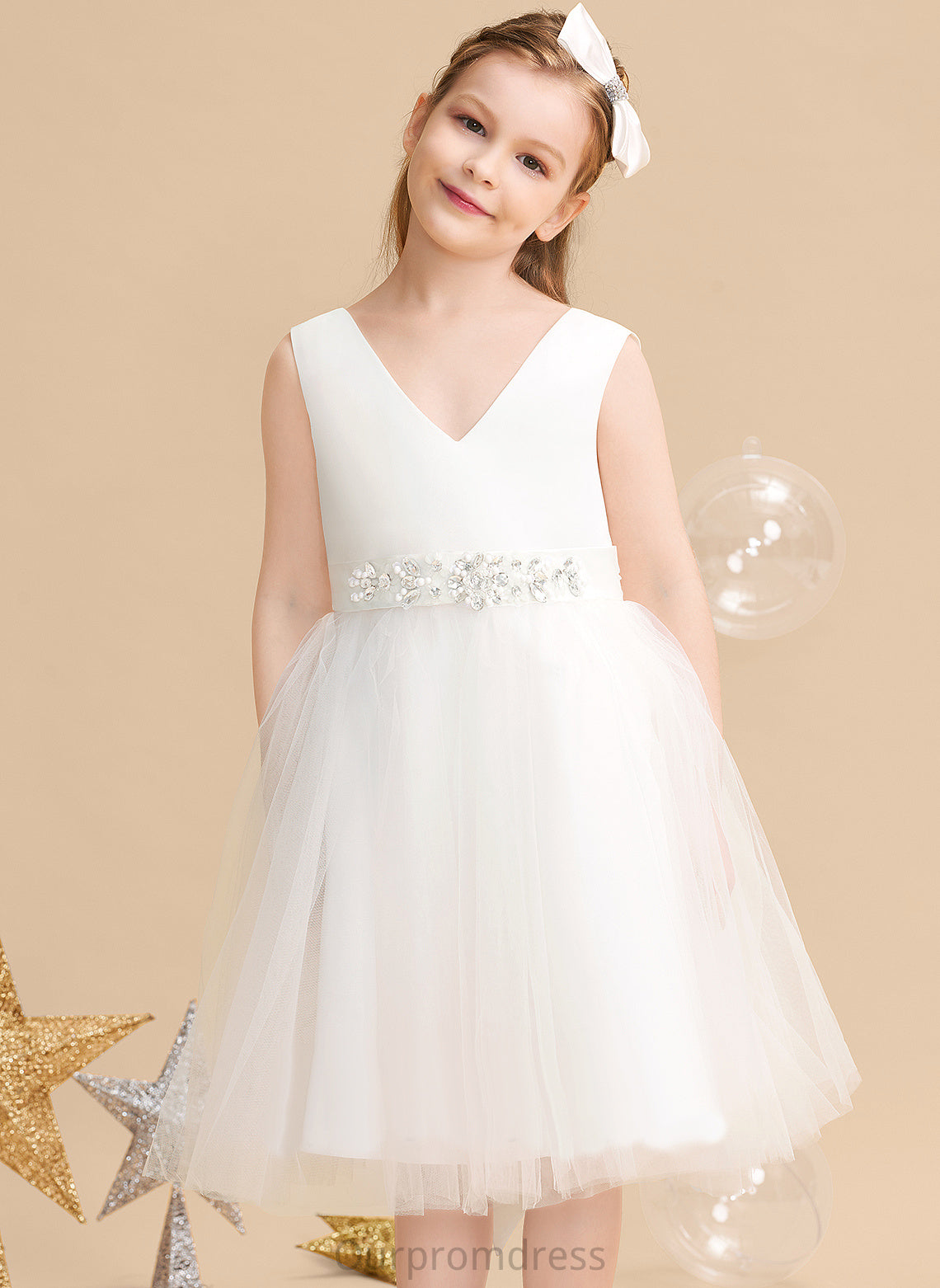 V-neck Flower A-Line Bow(s) Girl Dress Flower Girl Dresses Knee-length With - Satin/Tulle Violet Sleeveless